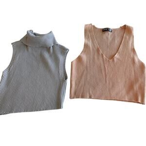 a set of 2 sleeveless crop tops / gray mock turtleneck / camel V neck / ribbed
